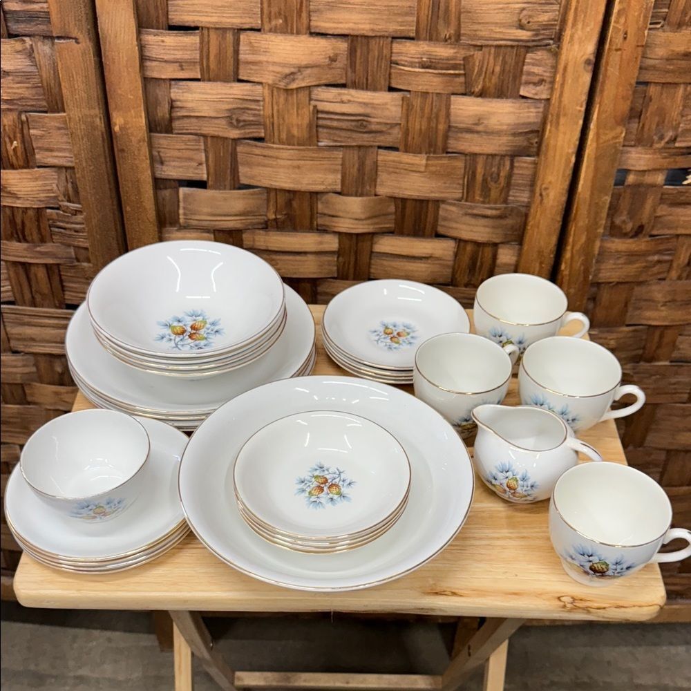 Vintage Barratts Delphatic White Pine Cones dinnerware set 27 pcs